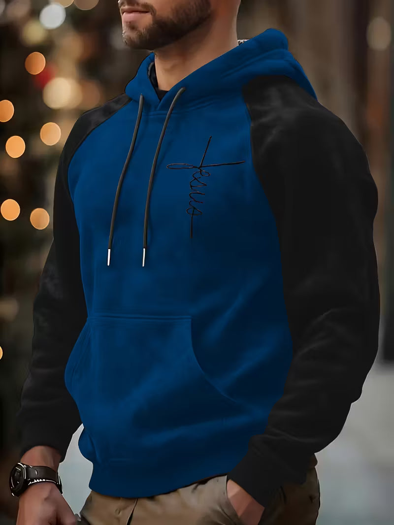 Sprika Men’s Heavyweight Hooded Sweatshirt – Cross Print, Warm & Casual Pullover