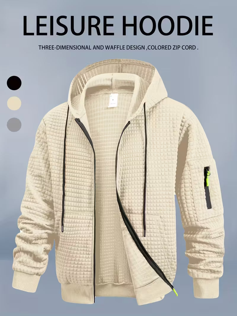 Sprika Men’s Waffle Hooded Zip-Up Sweatshirt
