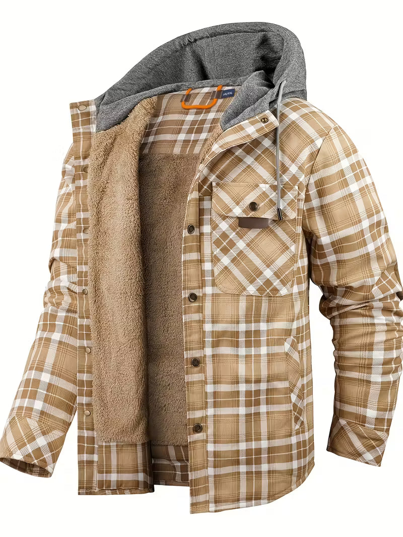 Sprika Men’s Cozy Fleece-Lined Plaid Jacket – Warm Button-Up with Chest Pockets