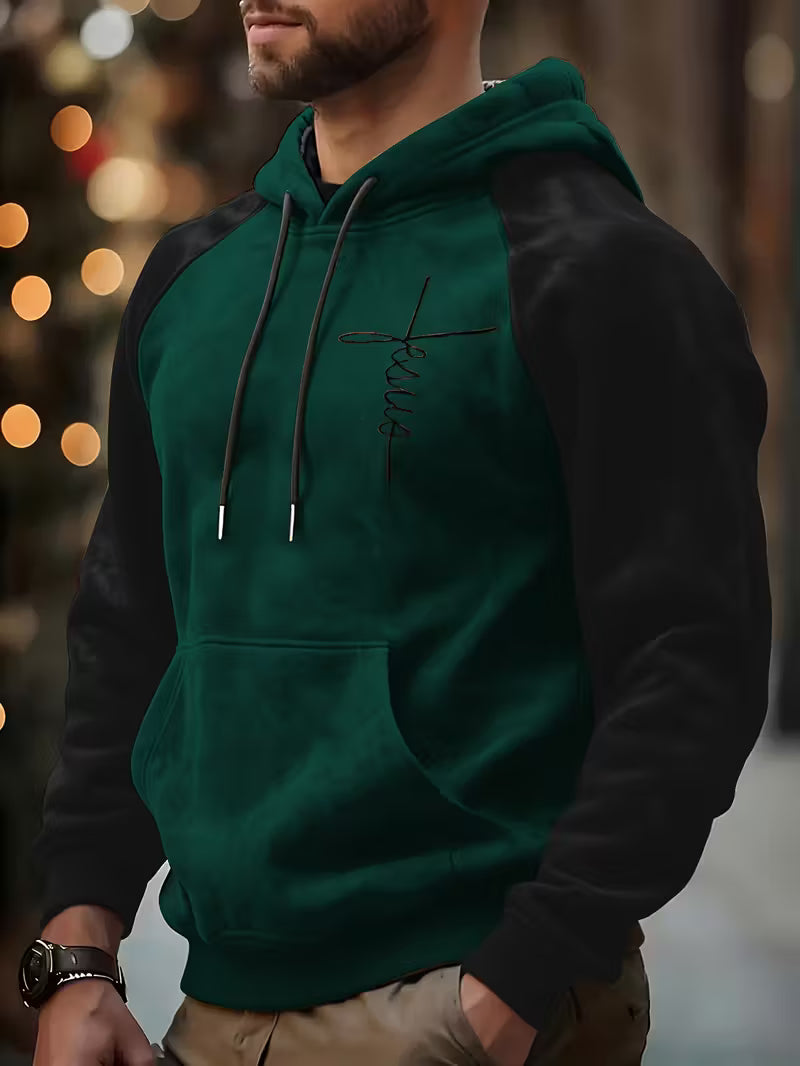 Sprika Men’s Heavyweight Hooded Sweatshirt – Cross Print, Warm & Casual Pullover