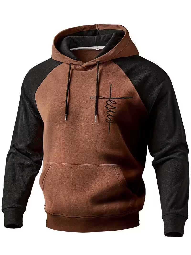 Sprika Men’s Heavyweight Hooded Sweatshirt – Cross Print, Warm & Casual Pullover